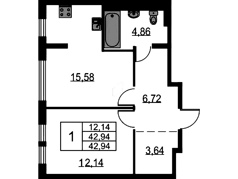1-комнатная квартира 42.94 м², 1/12 эт., ЖК «Невская Долина»